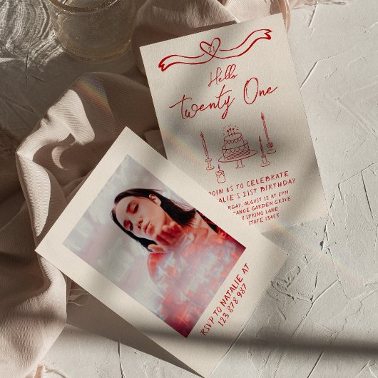 Invitation Retro 21st Gâteau Hello Twenty One Photo Anniversa