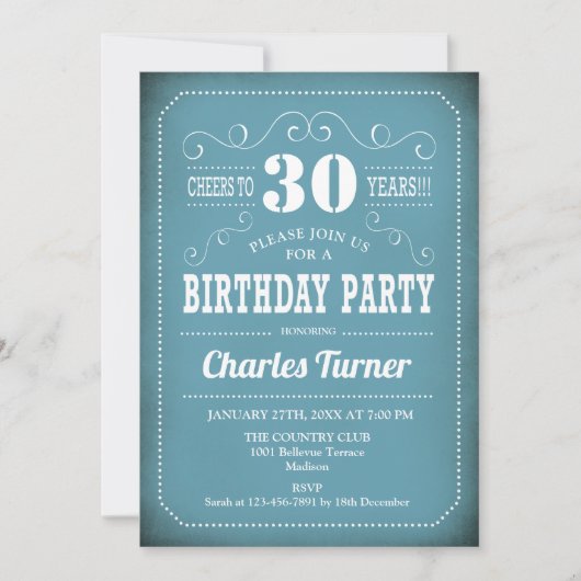 Invitation Retro 30th Birthday Party - Bleu Blanc (Devant)