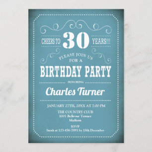 Invitation Retro 30th Birthday Party - Bleu Blanc