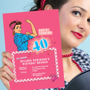Invitation Retro 40e anniversaire pop art rose cha