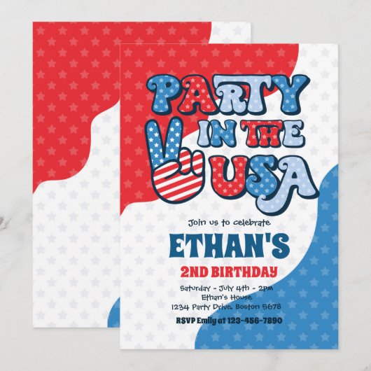 Invitation Retro 4 juillet Party Aux Etats-Unis Anniversaire (Devant / Derrière)