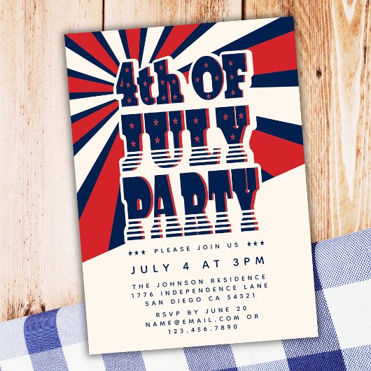 Invitation Retro 4 juillet Red White et Blue Party
