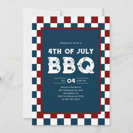 Invitation Retro 4th of July BBQ Party Checkered  (Devant)