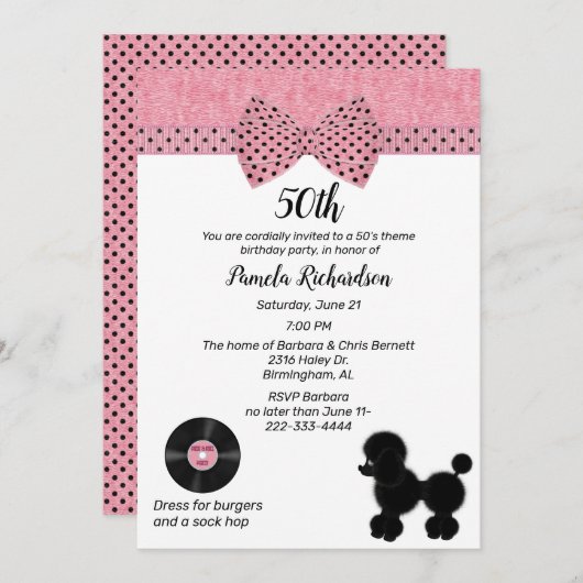 Invitation Retro 50s Theme Birthday Party (Devant / Derrière)