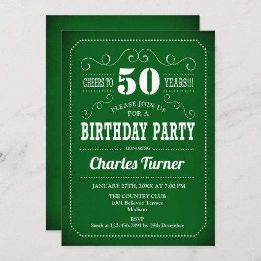 Invitation Retro 50th Birthday Party - Vert blanc (Devant / Derrière)