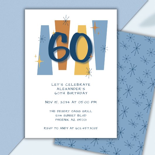 Invitation Retro 60e anniversaire Midsiècle moderne bleu