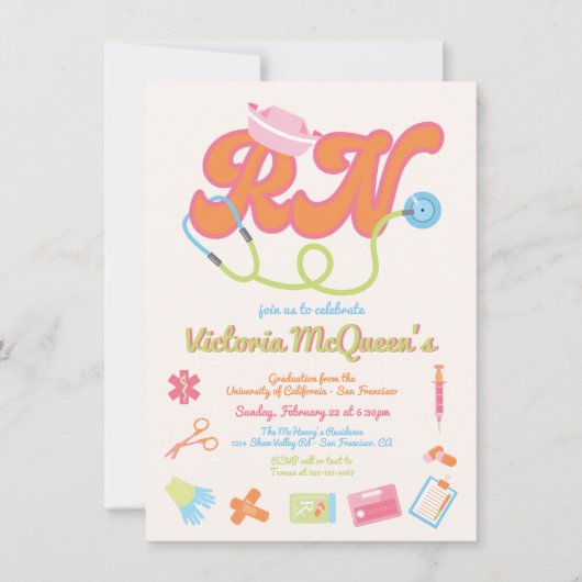 Invitation Rétro 60's 70's Infirmière Graduation (Devant)