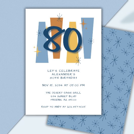 Invitation Retro 80e anniversaire Midsiècle moderne bleu
