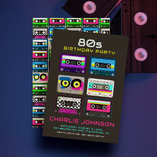 Invitation Retro 80s 90s Funky Neon Cassette Anniversaire