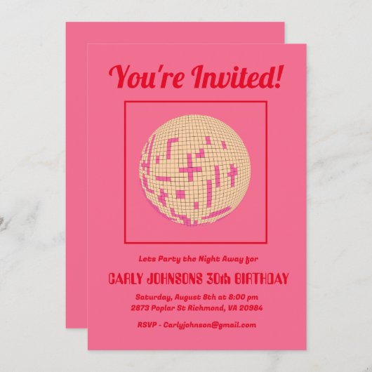 Invitation Retro 80s Hot Pink Red Disco 30e fête d'anniversai (Devant / Derrière)