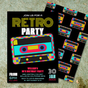 Invitation Retro 80s Neon Cassette Bande Anniversaire Danse