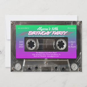 Invitation Retro 80s Neon Rose Green Cassette fête d'annivers