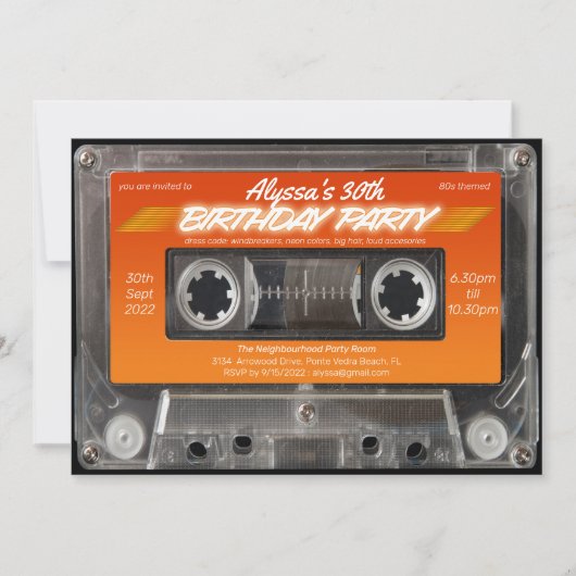 Invitation Retro 80s Orange Mixtape Cassette Party (Devant)