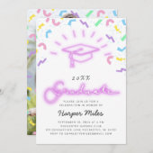 Invitation Retro 80s rose neon graduation photo casquette (Devant / Derrière)