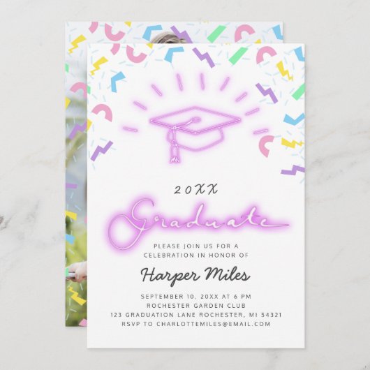 Invitation Retro 80s rose neon graduation photo casquette (Devant / Derrière)