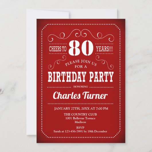 Invitation Retro 80th Birthday Party - Rouge Blanc (Devant)