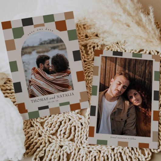 Invitation Retro À damiers, Arch Photo Enregistrer la date