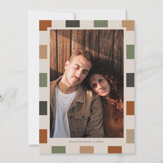 Invitation Retro À damiers, Arch Photo Enregistrer la date (Dos)