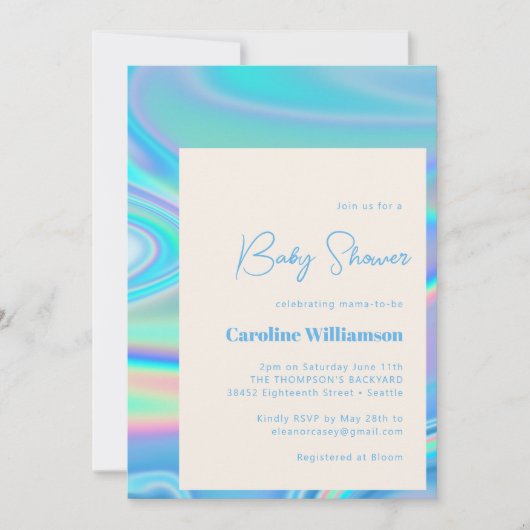 Invitation Retro Abstrait Iridescente Bleu Baby shower unique (Devant)