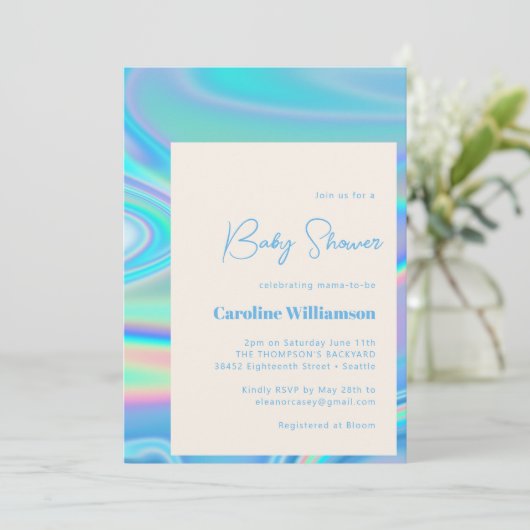 Invitation Retro Abstrait Iridescente Bleu Baby shower unique (Debout devant)