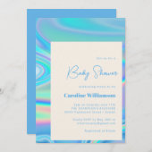 Invitation Retro Abstrait Iridescente Bleu Baby shower unique (Devant / Derrière)