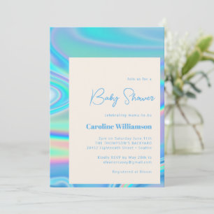 Invitation Retro Abstrait Iridescente Bleu Baby shower unique