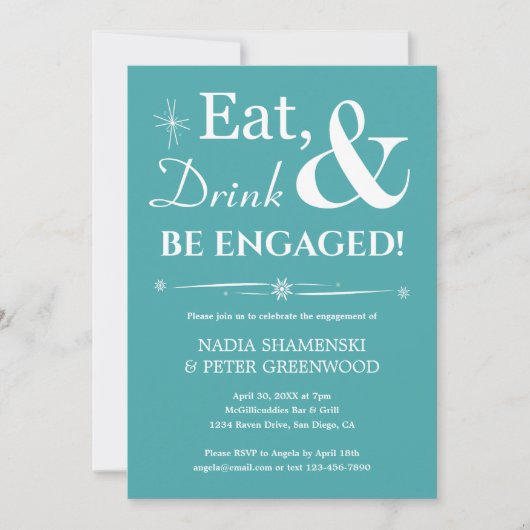 Invitation Retro Aqua Eat Drink Soyez Engagé Engagement Party (Devant)