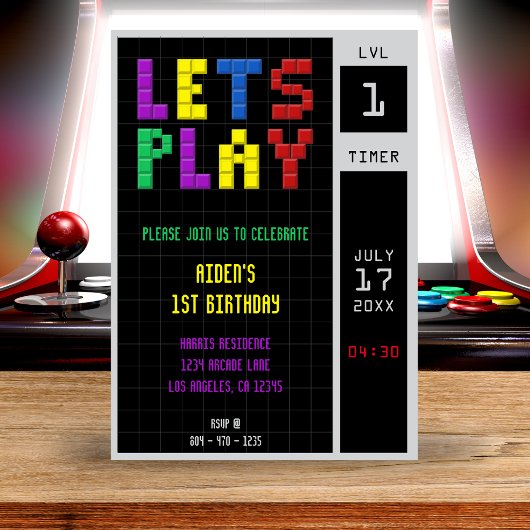 Invitation Retro Arcade Game Kids 1er anniversaire fête