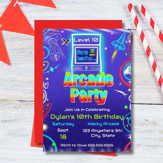 Invitation Retro Arcade Power Up Jeux Anniversaire
