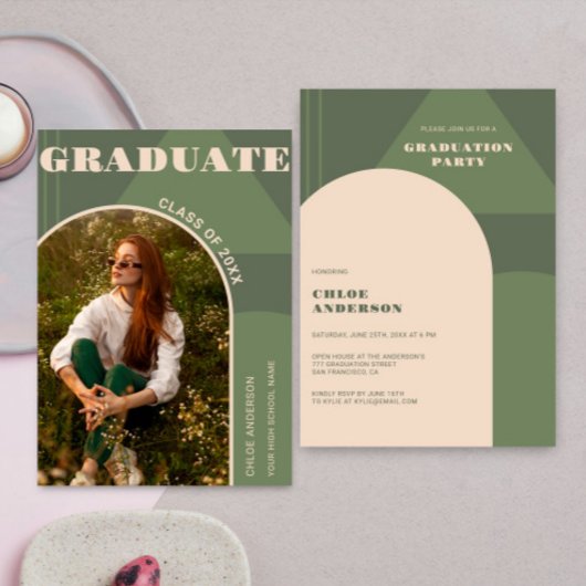 Invitation Retro Arch Sage Green Photo Graduation