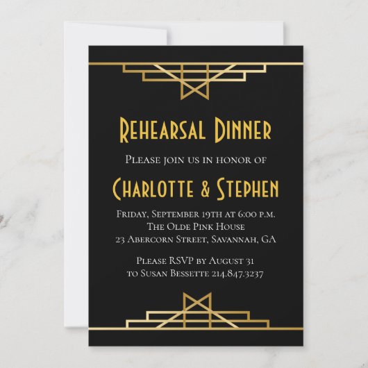 Invitation Retro Art Déco Grand Gatsby Gold & Black Mariage (Devant)