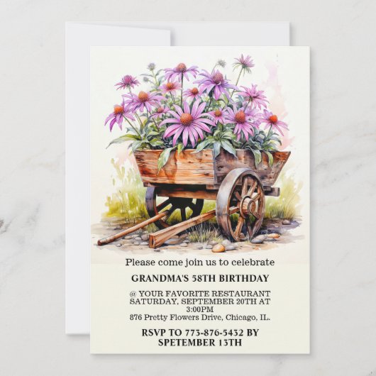 Invitation Retro Aster Flower Illustration Art Anniversaire (Devant)