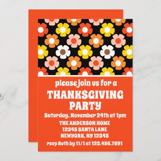 Invitation Retro Automne Fleurs d'automne Black Thanksgiving  (Devant / Derrière)