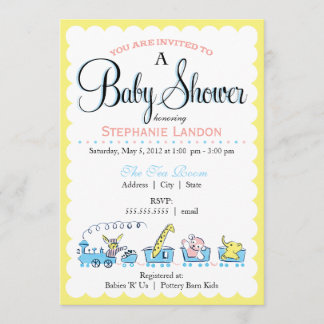 Invitation Rétro baby shower animal neutre du train |