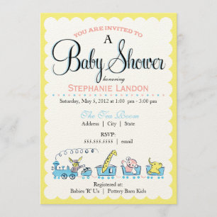 Invitation Rétro baby shower animal neutre du train