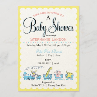 Invitation Rétro baby shower animal neutre du train |