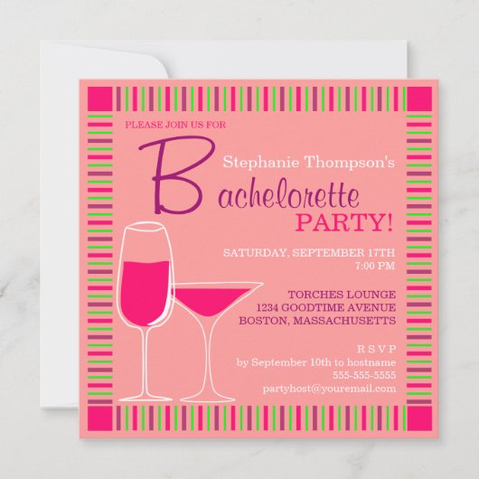 Invitation Retro Bachelorette Party Cocktails roses Invitatio (Devant)