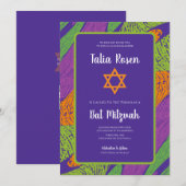 Invitation Retro Bat Mitzvah Purple and Green QR Code (Devant / Derrière)