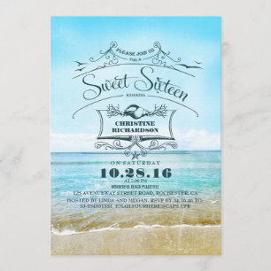 Invitation Retro Beach Ombre Mer Bleue Sweet Seize Ans