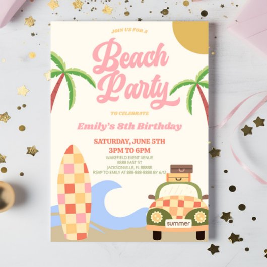 Invitation Retro Beach Party Surf board rose fête d'anniversa