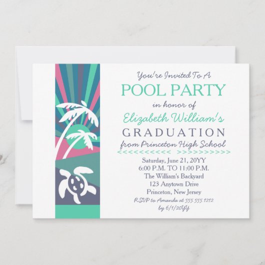 Invitation Retro Beach Sunset Graduation Pool Party (Devant)