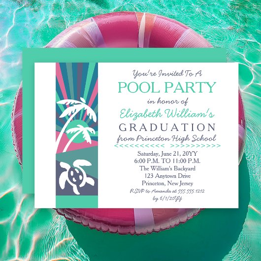 Invitation Retro Beach Sunset Graduation Pool Party