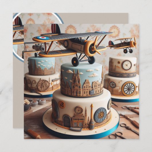 INVITATION RETRO BIPLANE THEMED BANTHDAY CAKE (Devant / Derrière)
