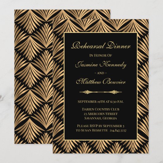 Invitation Retro Black Gold Gatsby Dîner de répétition Mariag (Devant / Derrière)
