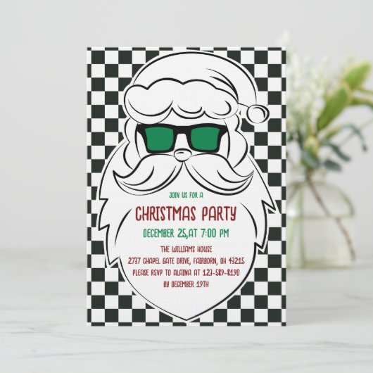 Invitation Retro Black White Checkered Santa Claus Christmas  (Debout devant)
