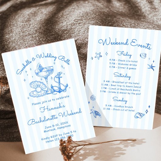 Invitation Retro Bleu Coquillages & Cloches de Mariage Enterr