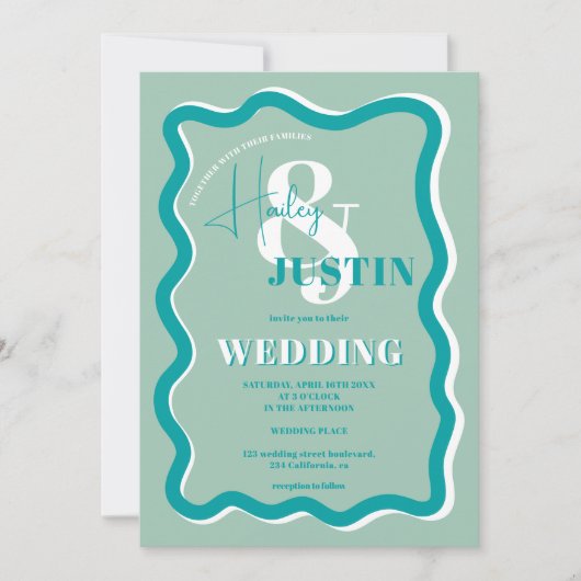 Invitation Retro bleu courbe squiggle ondulée photo mariage (Devant)