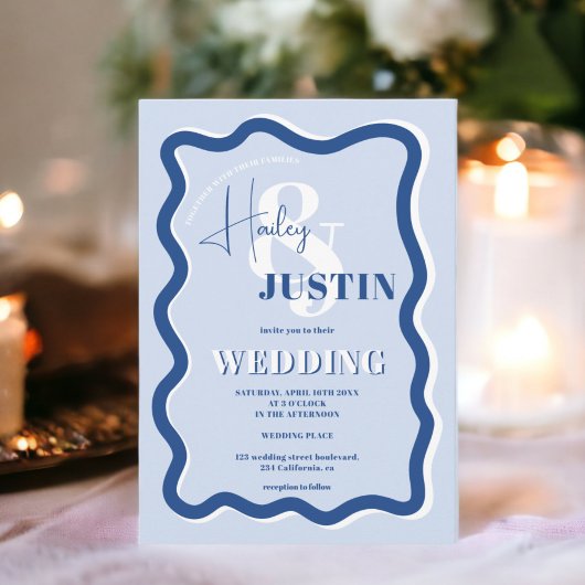 Invitation Retro bleu courbe squiggle ondulée photo mariage