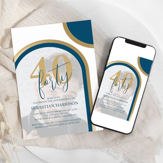 Invitation Retro Bleu Et Or 40e Photo Anniversaire