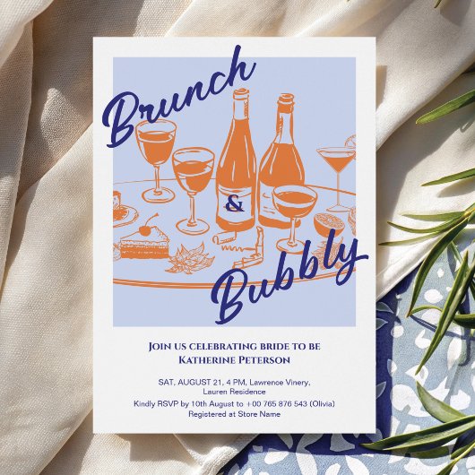 Invitation Retro bleu orange « Brunch & Bubbly » Réception de